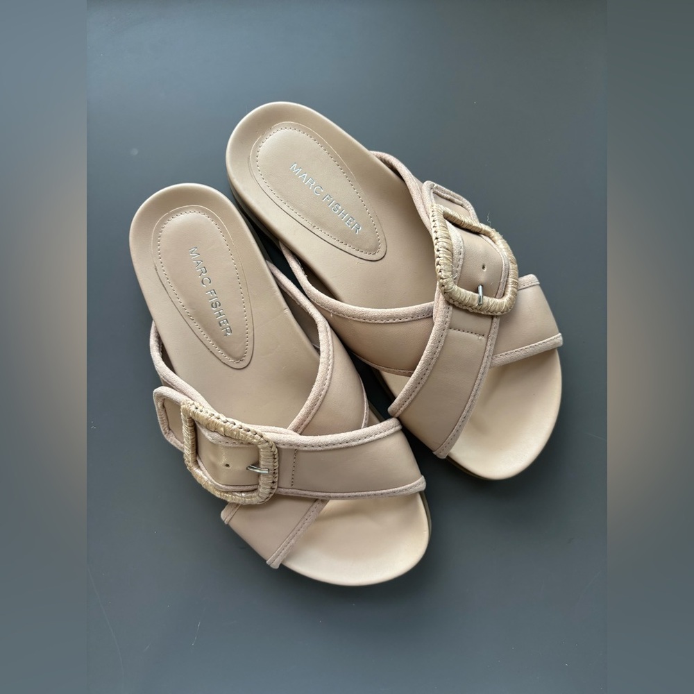 Marc Fisher Nude Tan Buckle Slide Sandals